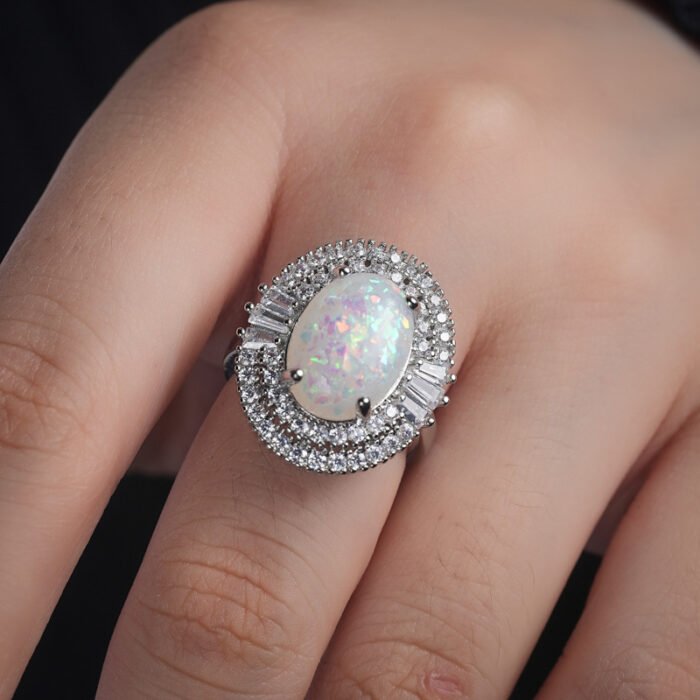Large Opal Ring Cooperized Silver Over Inlaid Zircon Artificial Opal Jewelry