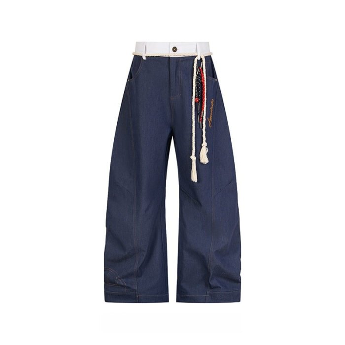 American Retro Waist Strap Stitching Double Waist Machete Design Jeans