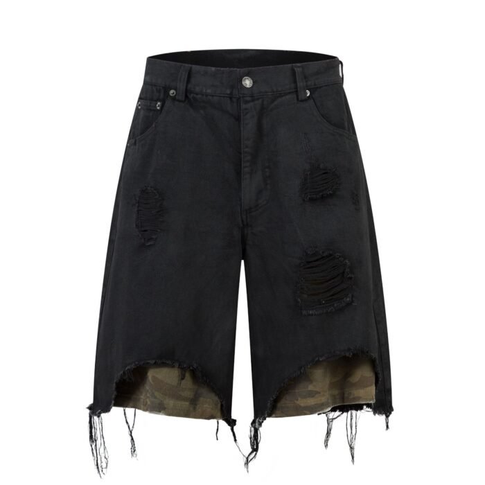 High-grade RO Style Cropped Pants Men's Street Washed Broken Denim Middle Pants Straight