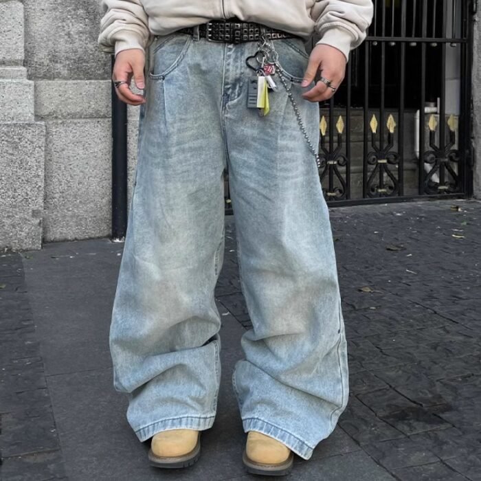 American-style Side Double-oblique Pleated Washed Wide-leg Jeans